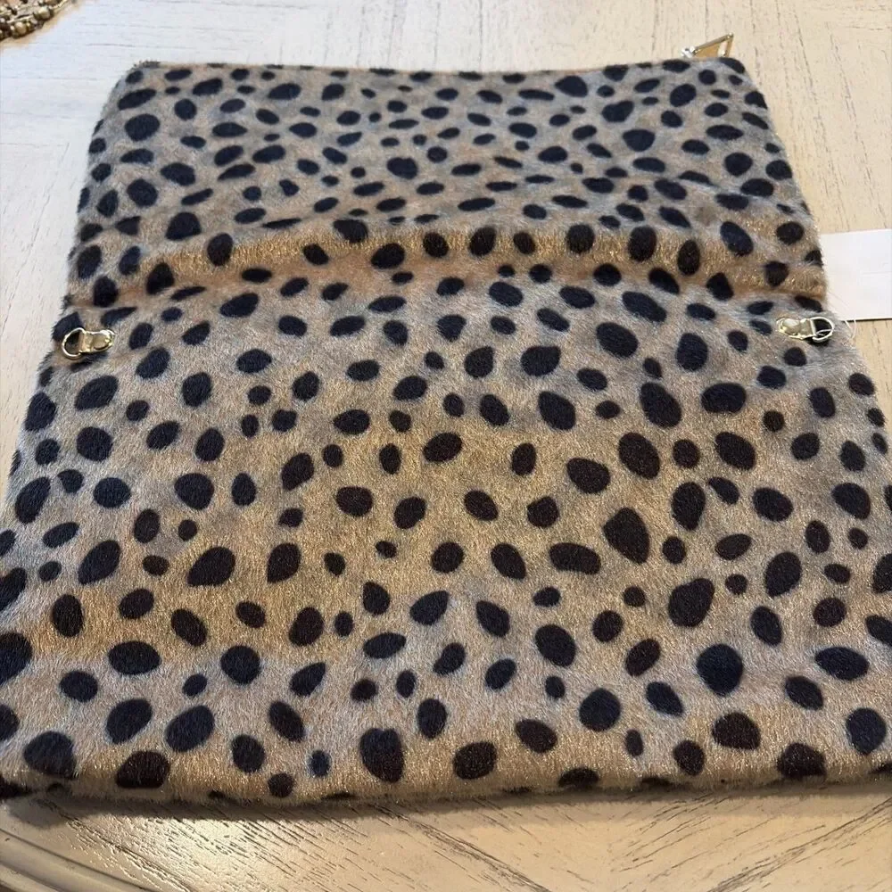 NWT J Animal Print Envelope Purse Evening Clutch Faux Fur Brown Zipper